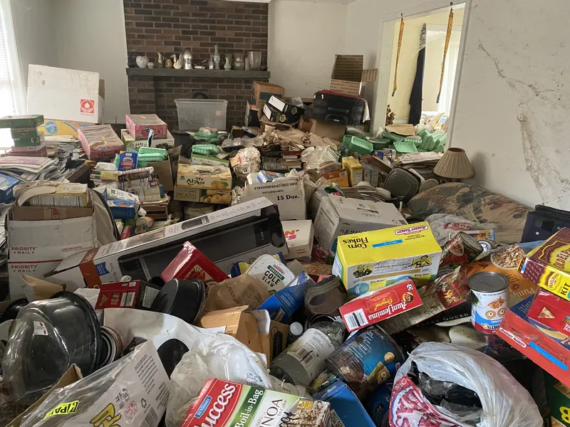 Living room filled with boxes and hoarded items